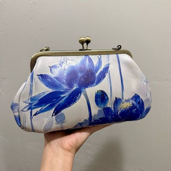 Vintage Style Handmade Cowhide Leather Lotus Print Kisslock Purse, Multi Use Bag - Picture 6 of 13